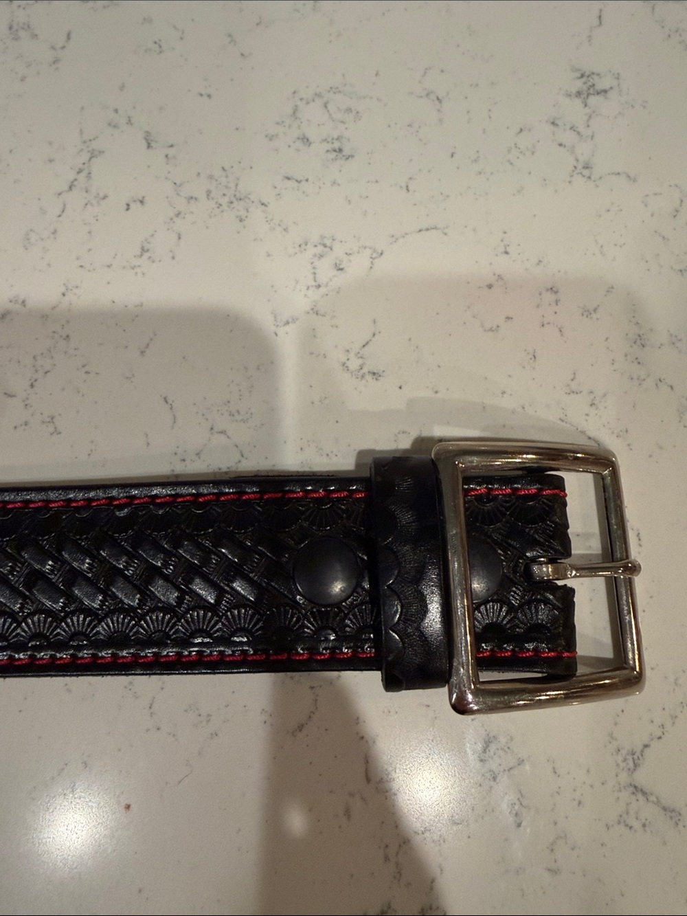 Local Artisan Made Hand Embossed Leather Biker Belt with Red Contrast Stitching - Picture 4 of 8